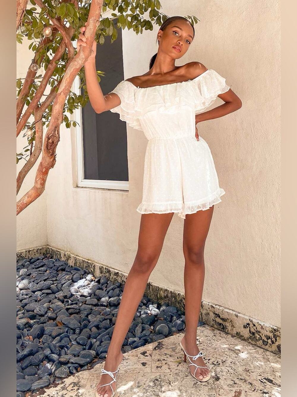 NWT Lulus Frilled to Bits White Swiss Dot Off-the-Shoulder Romper XS